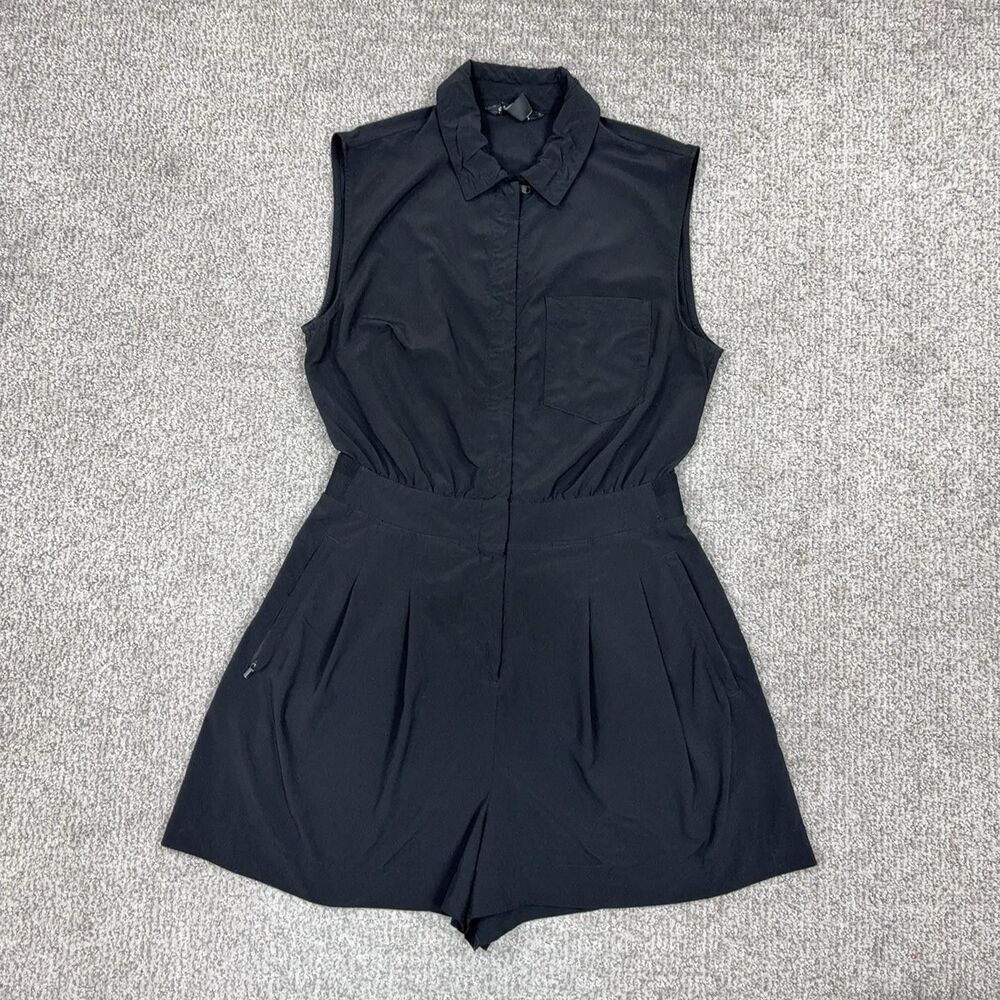 Athleta Romper Womens 6 Black Collared Pleated Athleisure Travel Casual